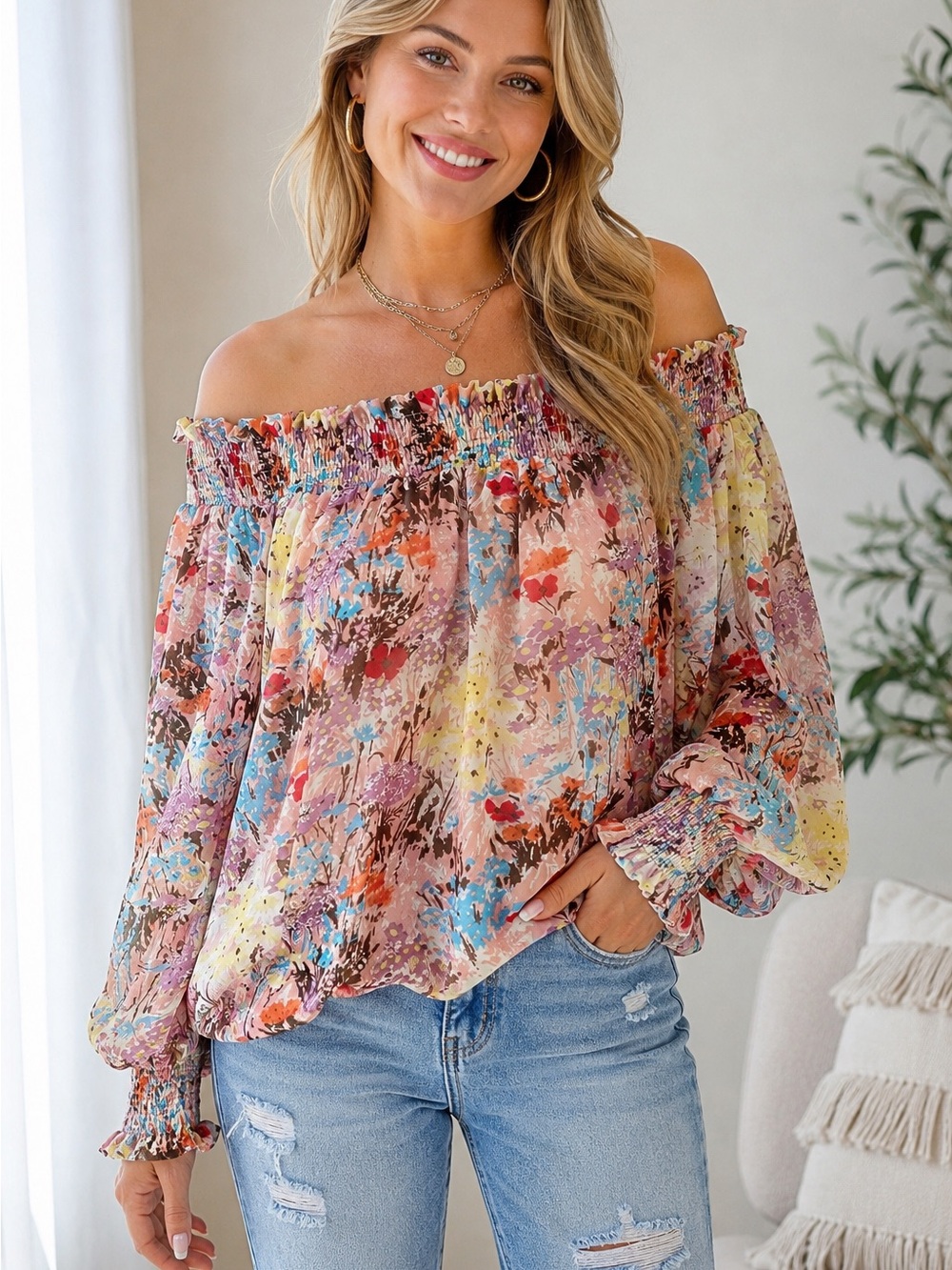 Umgee Floral Peasant Blouse in Multi
